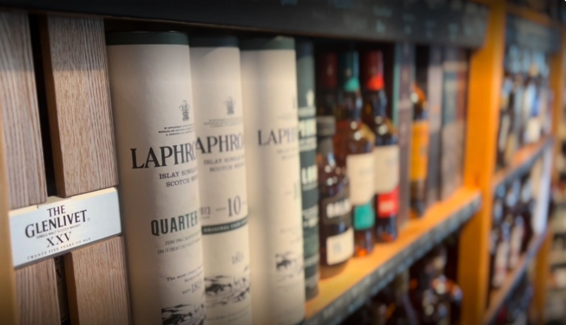 Premium whisky selection including Glenlivet and Laphroaig