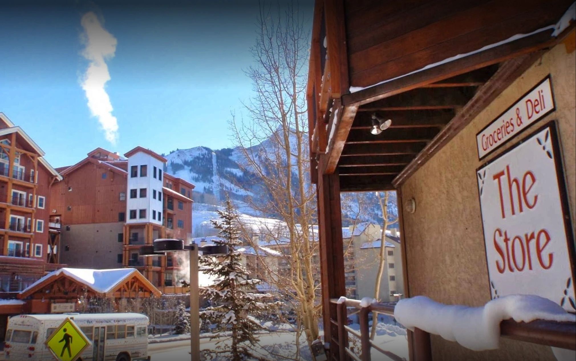 Snowy mountain resort view from Treasury Liquors